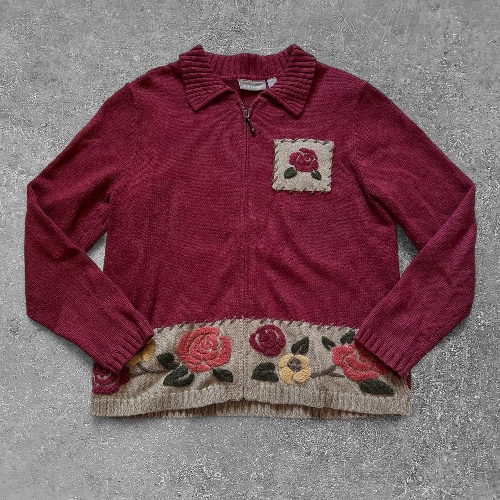 Croft & Barrow Burgundy Floral Embroidered Zip Up Sweater Roses 90s Small